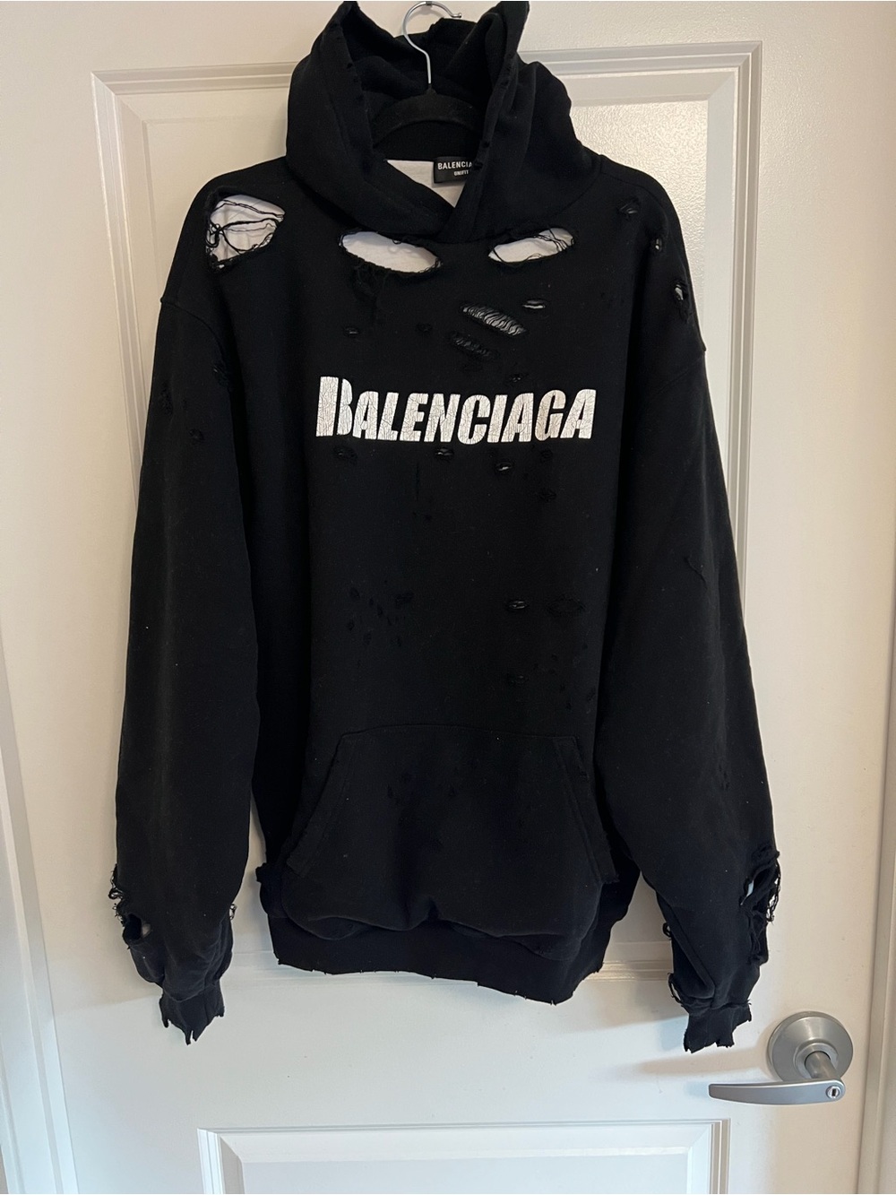Balenciaga Black Distressed Logo Hoodie with White Interior